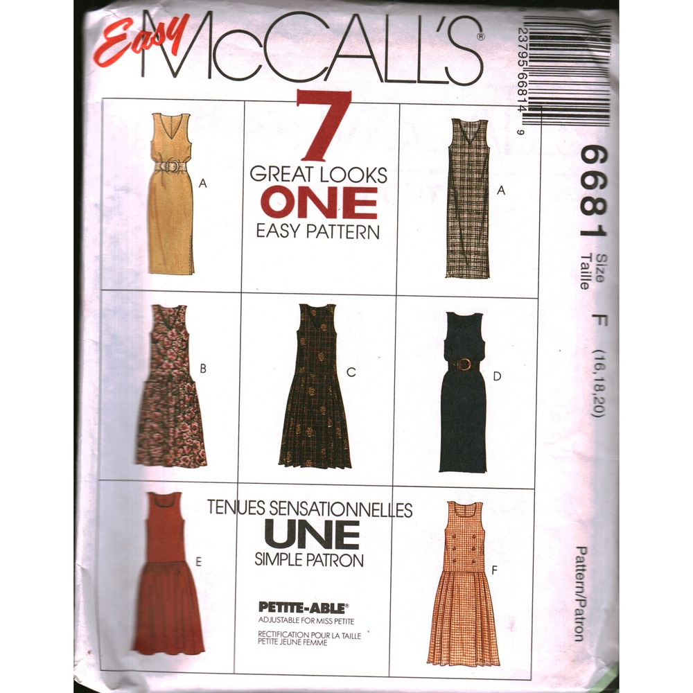 Vintage 1993 Easy McCalls 6681 Sewing Pattern Misses Dress Jumper Size 16 18 20